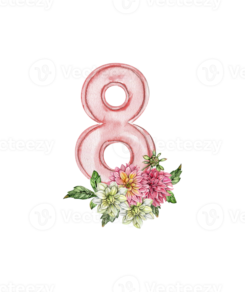Watercolor hand drawn numbers and flowers composition. png