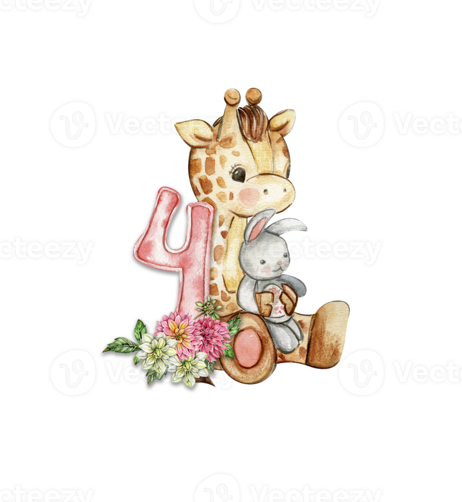 Watercolor hand drawn small baby giraffe with dahlia flowers and numbers composition. png