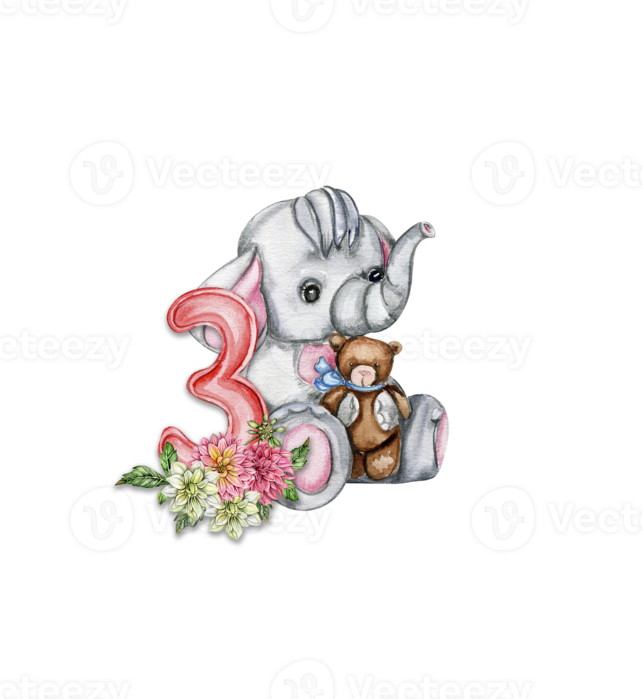 Watercolor hand drawn small baby elephant with dahlia flowers and numbers composition. png
