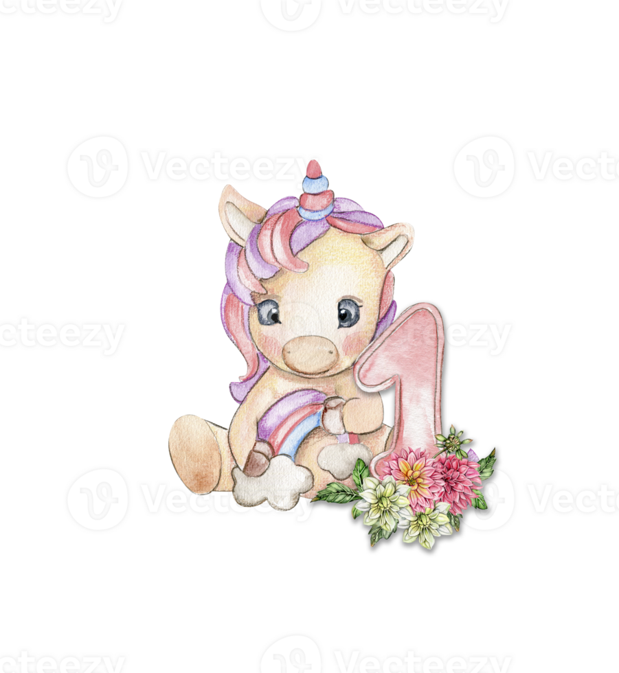 Watercolor hand drawn cute small baby unicorn with dahlia flowers with number composition. png
