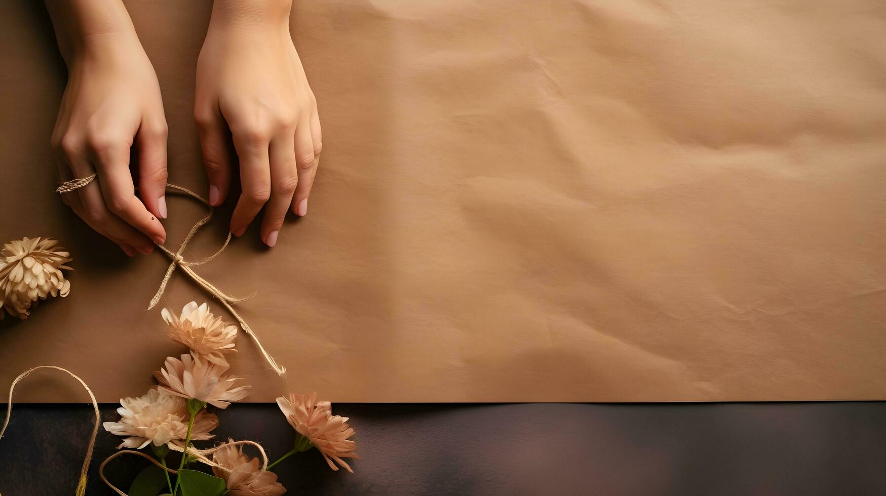 Hands Tying String Around Dried Flowers on Brown Paper photo