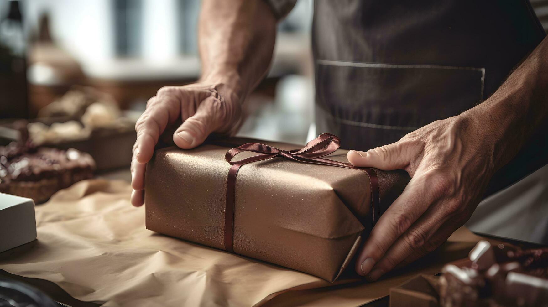 panadero envase ligero marrón regalo caja con rojo cinta en acogedor panadería foto