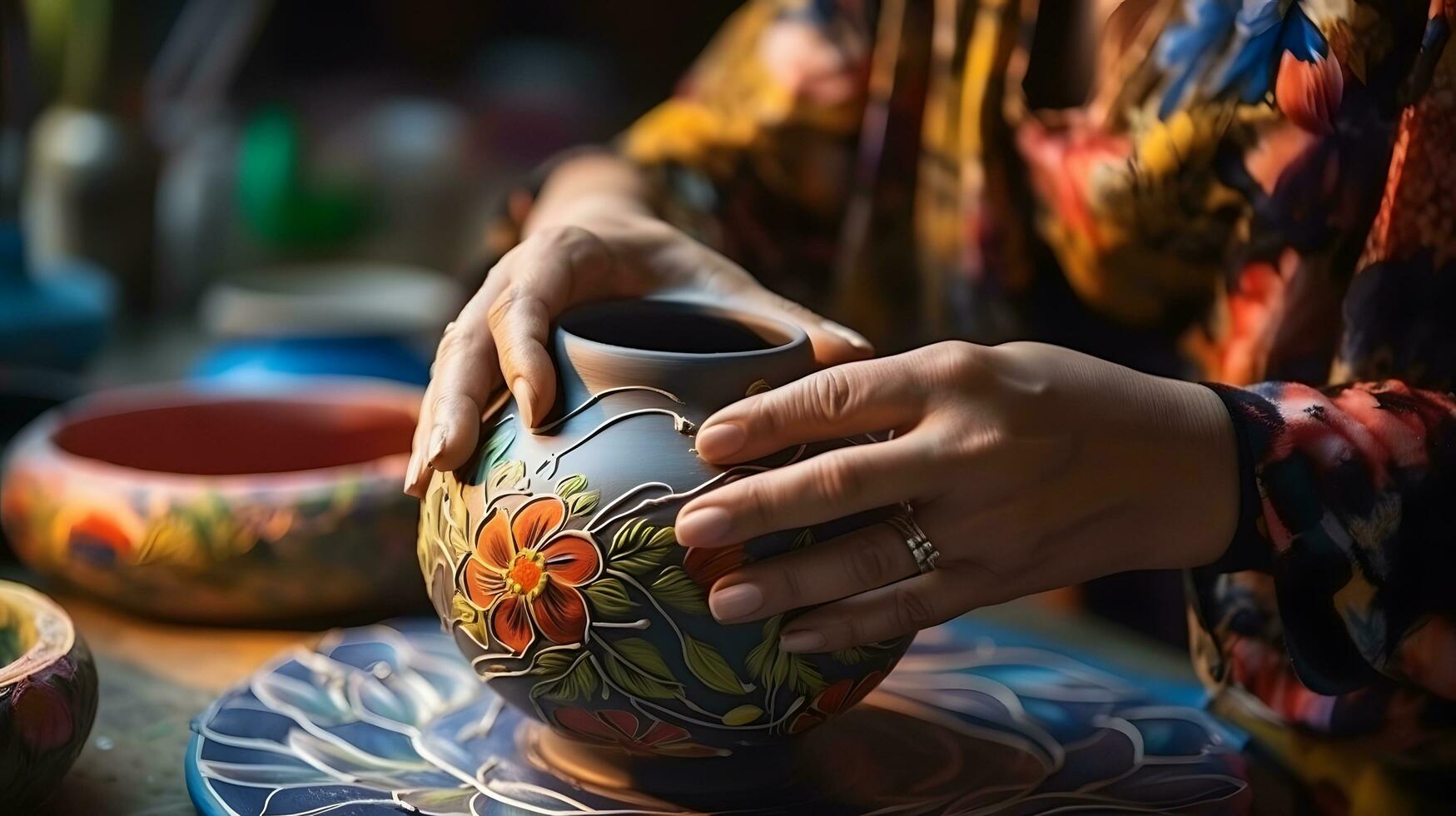 An Artisan Painting a Floral Design on a Ceramic Pot photo