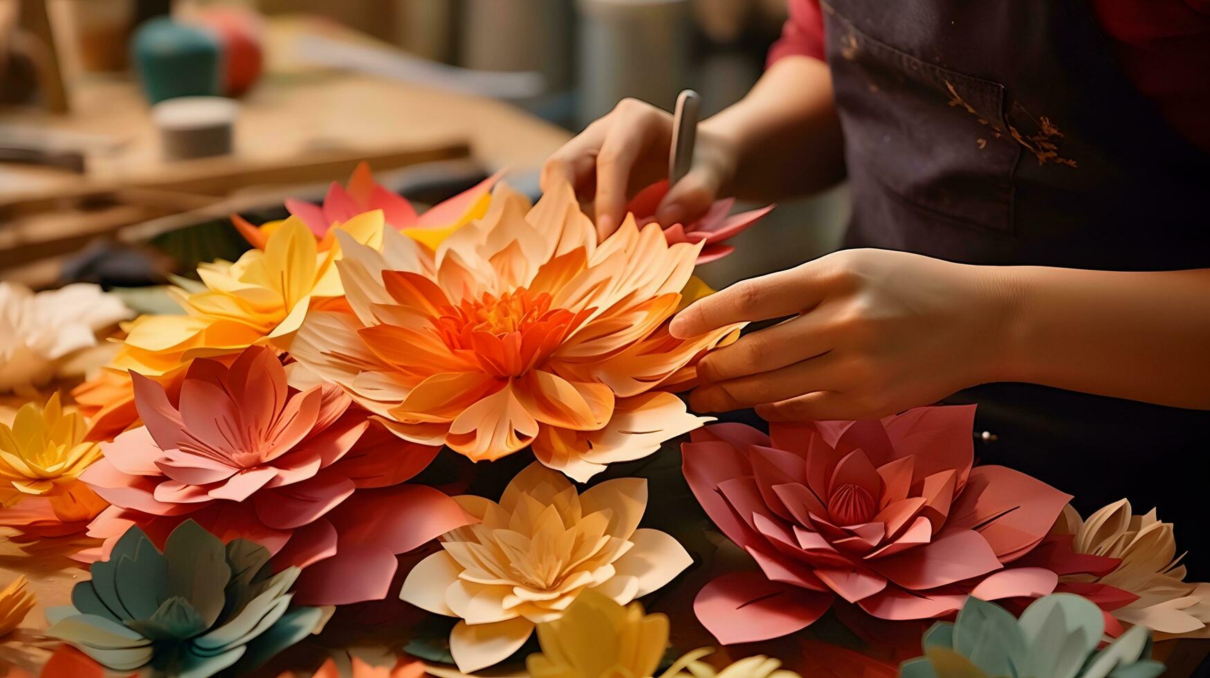 Close-Up of Hands in Red Apron Arranging Colorful Paper Flowers in a Craft Workshop photo