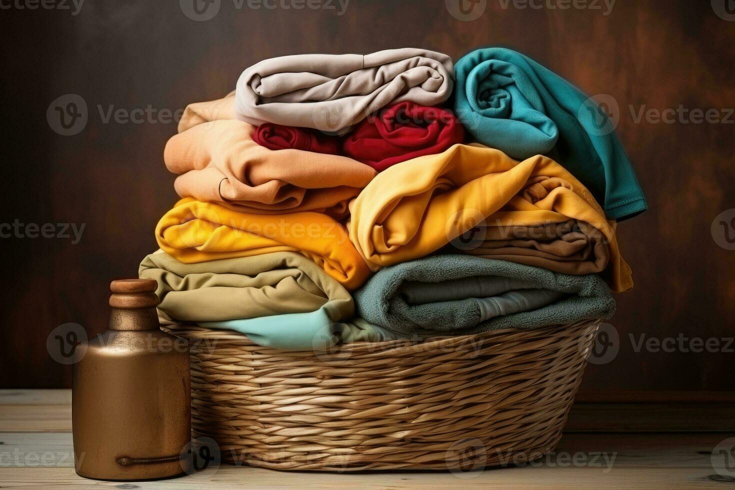 pila de limpiar ropa y mimbre cesta con limpiar lavandería profesional publicidad fotografía ai generativo foto