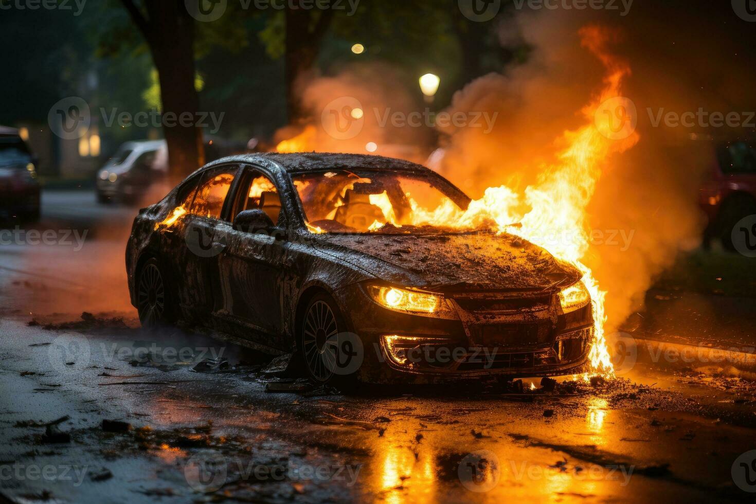 the condition of the car burning on the road professional advertising photography AI Generative photo