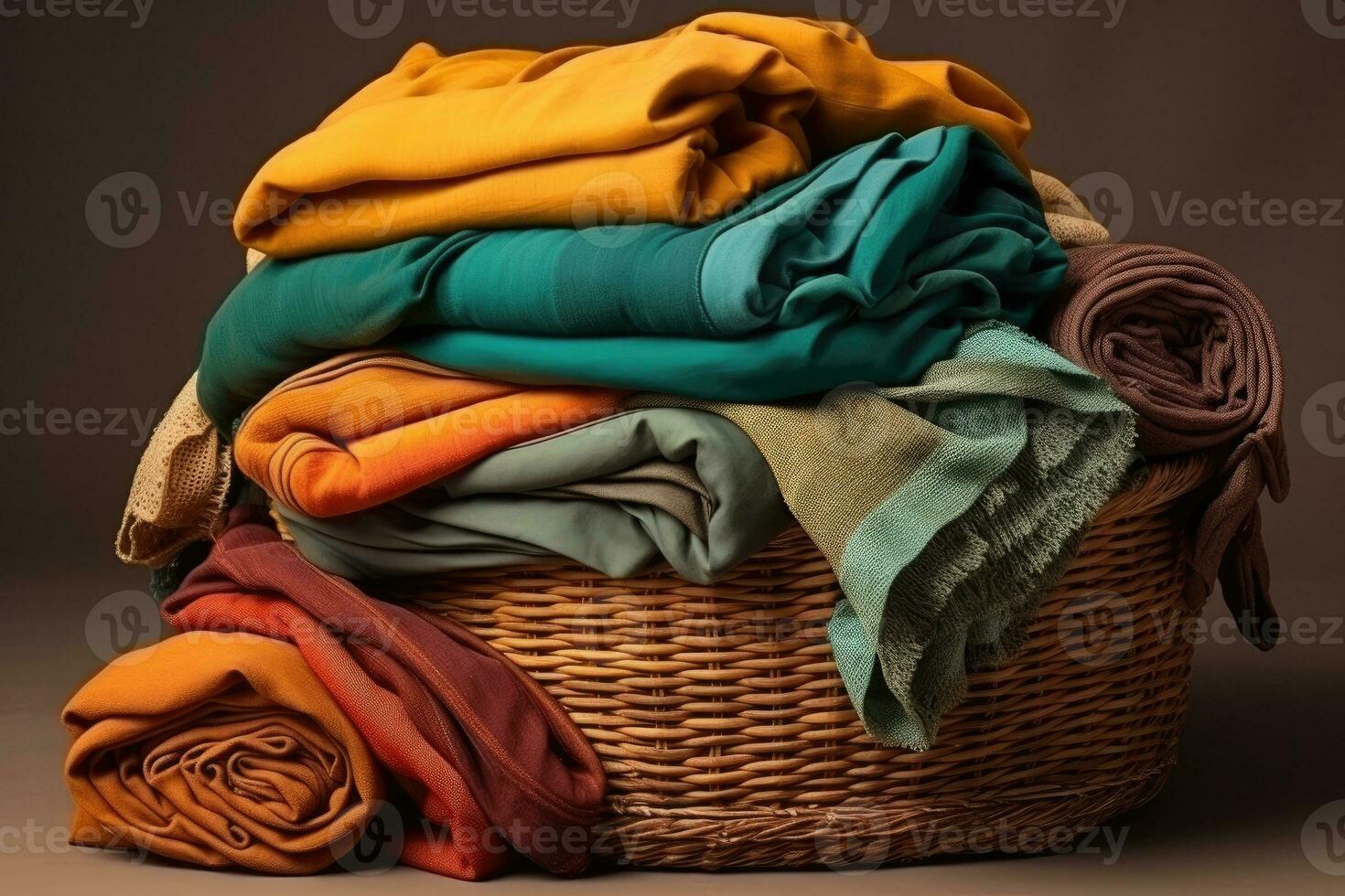 Pile of dirty clothes and Wicker basket with dirty laundry professional advertising photography AI Generative photo