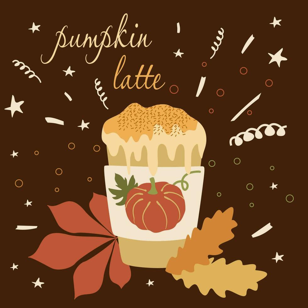 Pumpkin spice latte, Coffee paper cup on dark background with Fall Leaves. Vector Flat cartoon illustration for Autumn menu or greeting card design. Takeaway Seasonal Hot Drink with Whipped cream
