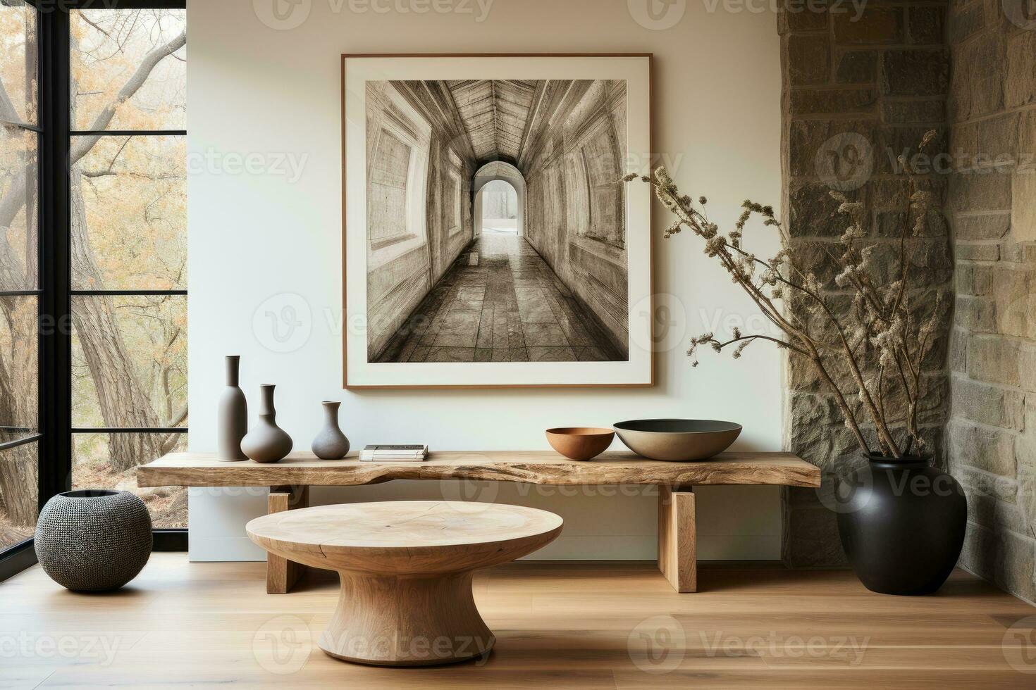 large artwork in center of entryway table AI Generated photo