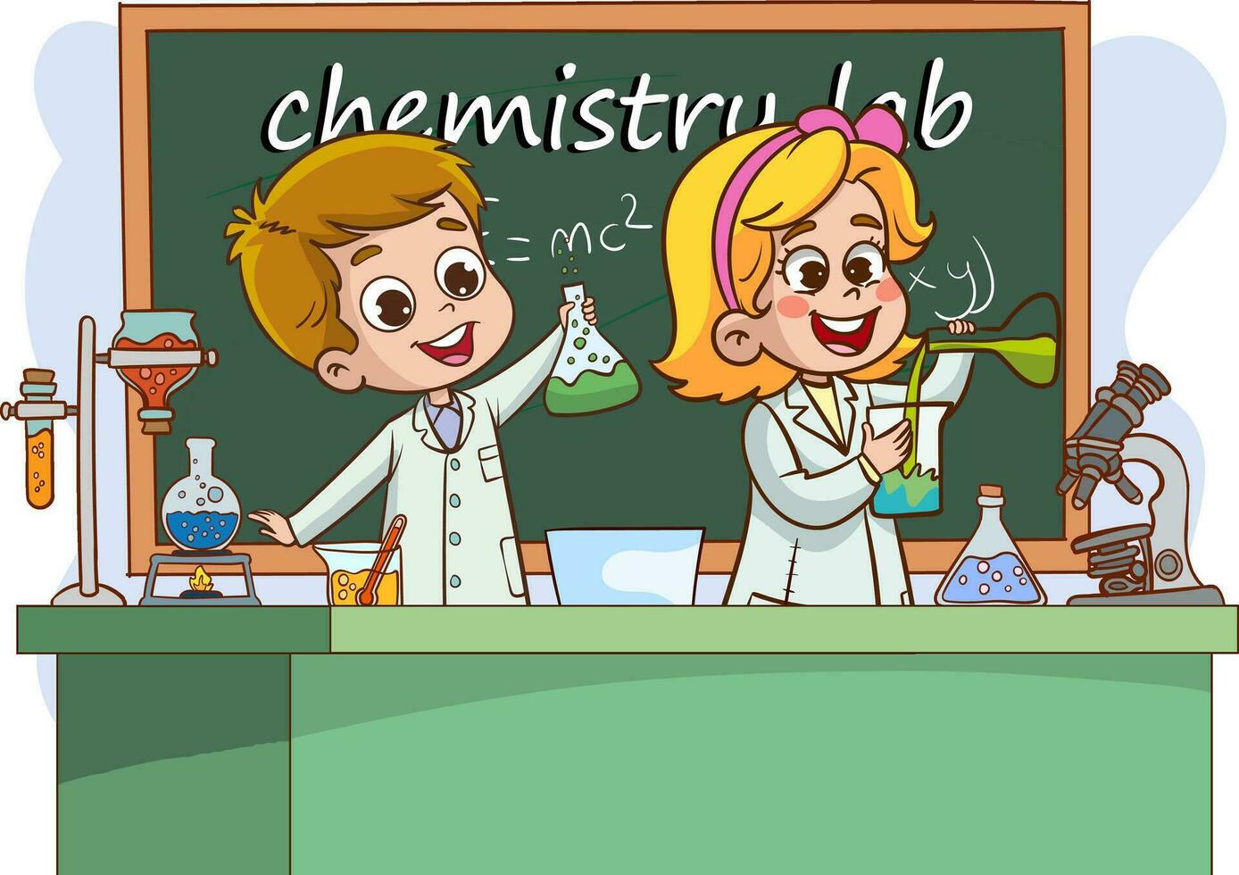 Vector illustration of a chemistry lesson with a cute students in a lab.