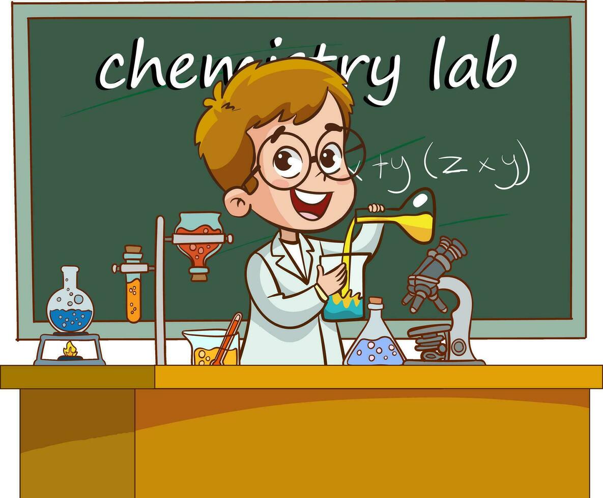 Vector illustration of a chemistry lesson with a cute students in a lab.