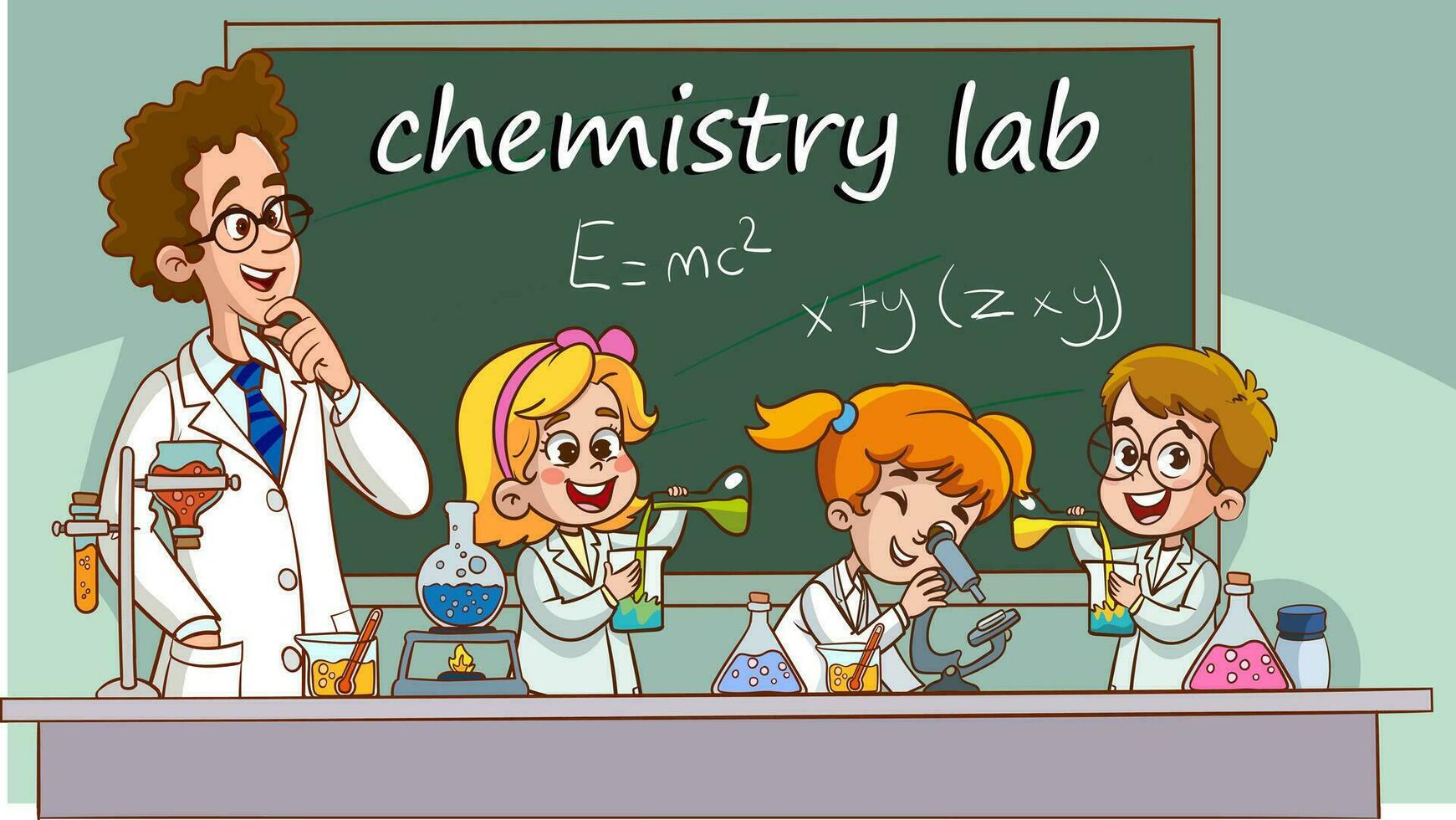 Vector illustration of a chemistry lesson with a cute students in a lab.