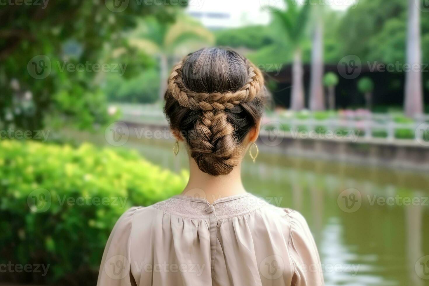 mujer trenza pelo hacer Mira desde espalda profesional publicidad fotografía ai generativo foto