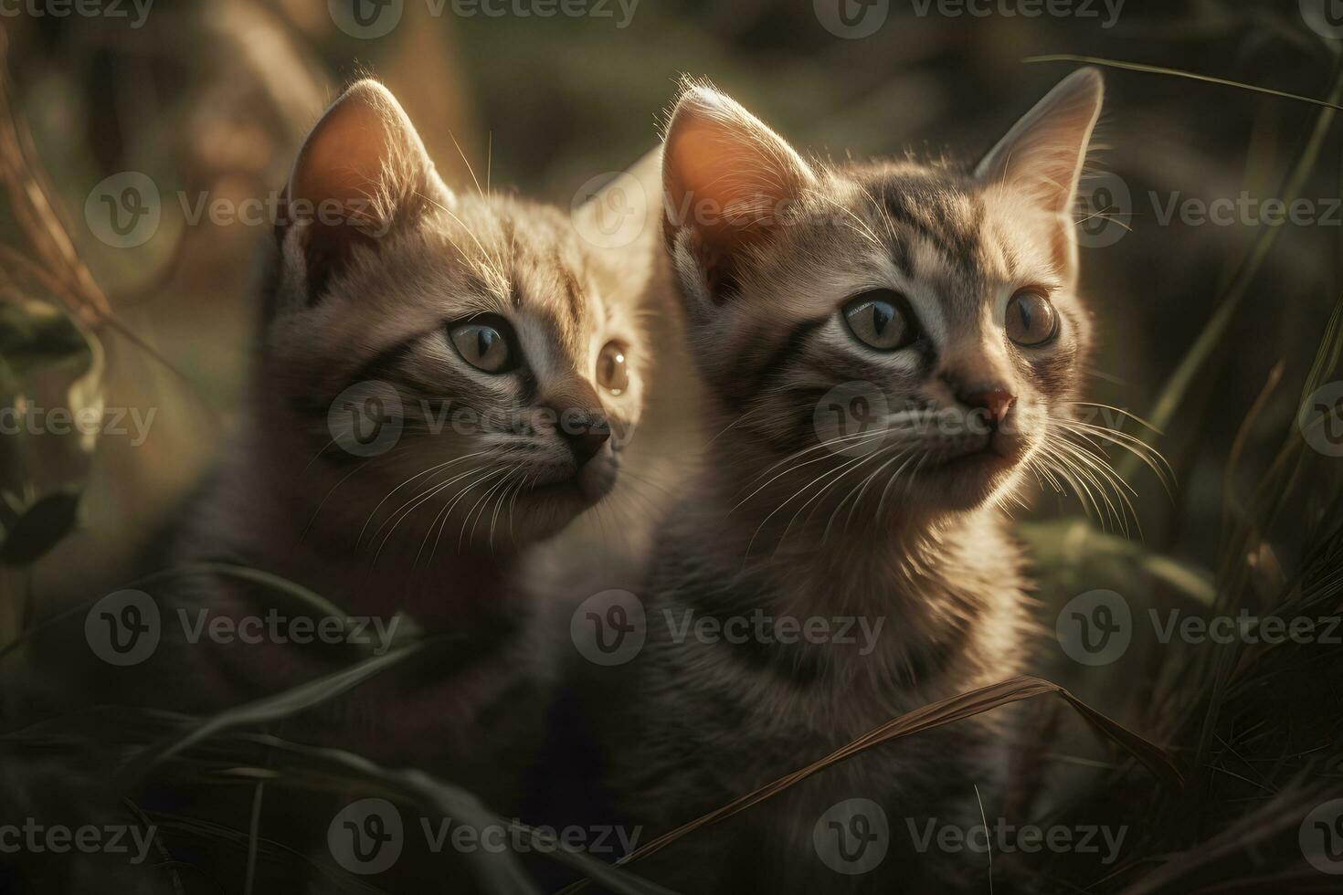 linda pequeño gatitos en el césped en naturaleza. neural red ai generado foto
