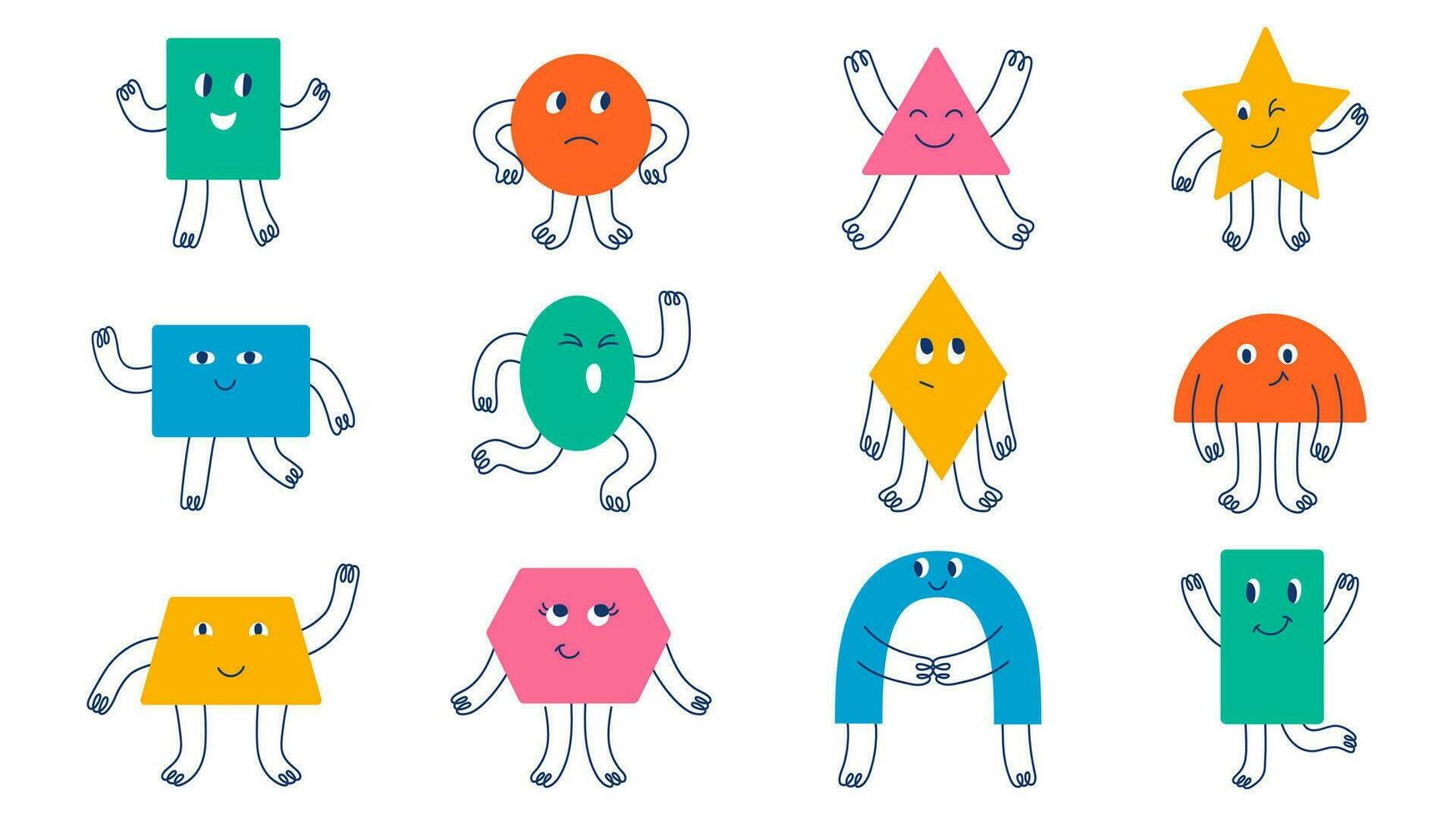 Set isolated different funky colorful basic geometric figures. Doodle flat illustration for kids. Vector collection with face emotions, hands and legs in hand drawn style. Cute funny characters.