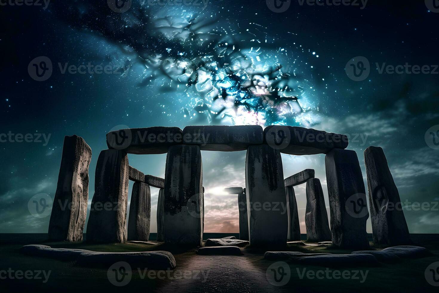 stone henge mock building against the backdrop of night and space. Neural network AI generated photo