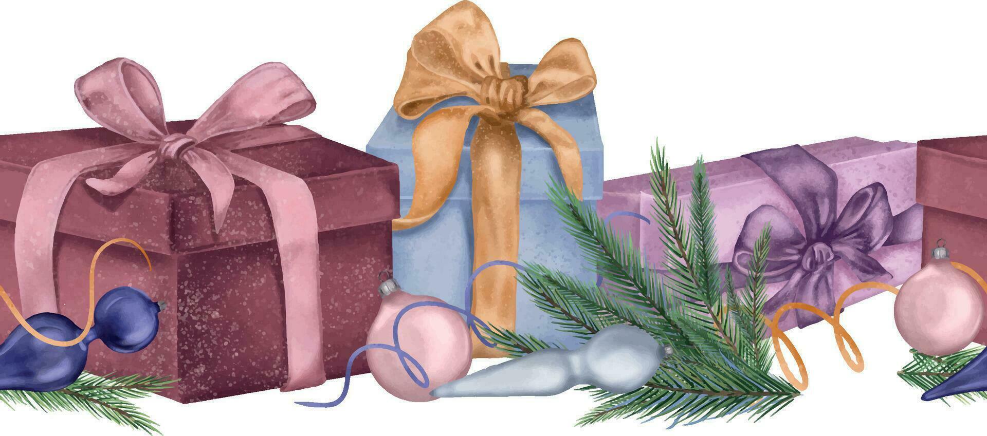 sin costura tablero de regalo cajas, Navidad decoraciones digital ilustración aislado en blanco. abeto rama, pelotas, serpentina mano dibujado. elemento para fiesta paquete, 2024 nuevo año saludo diseño vector