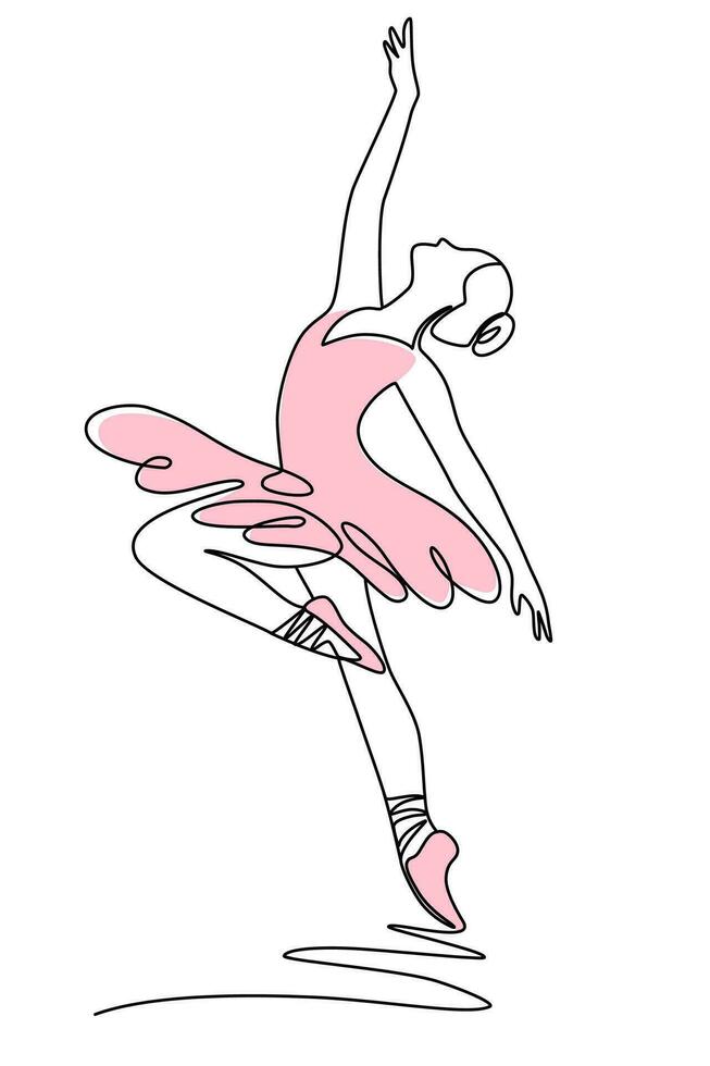 One continuous line drawing of ballet dancer. Illustration shows a Ballerina in motion. Art. Ballet. Editable stroke. Doodle outline vector illustration