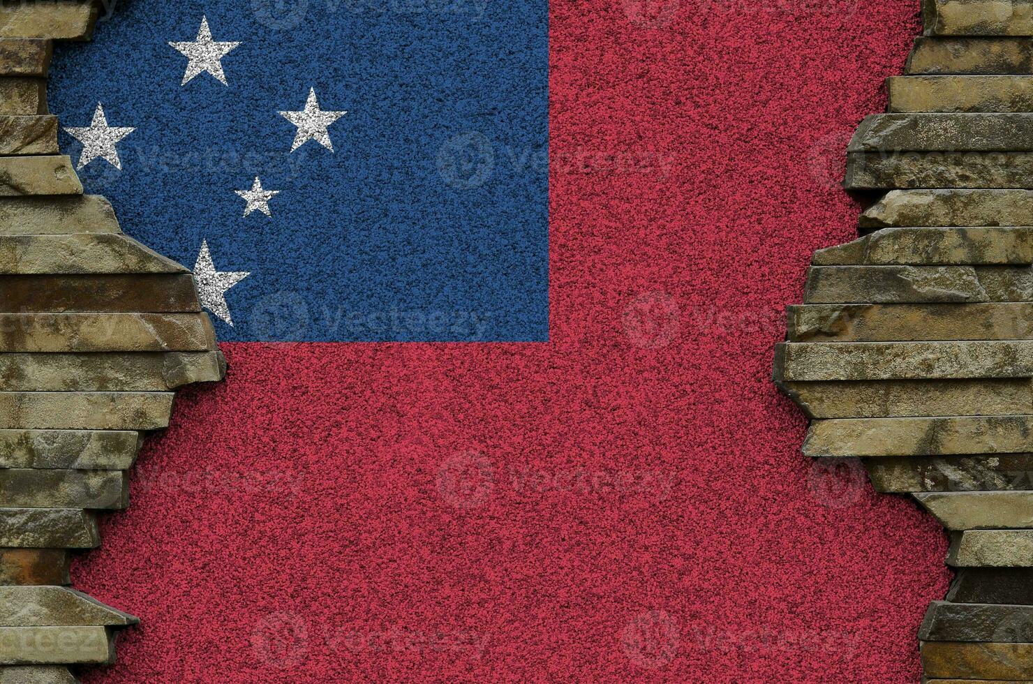 Samoa flag depicted in paint colors on old stone wall closeup. Textured banner on rock wall background photo