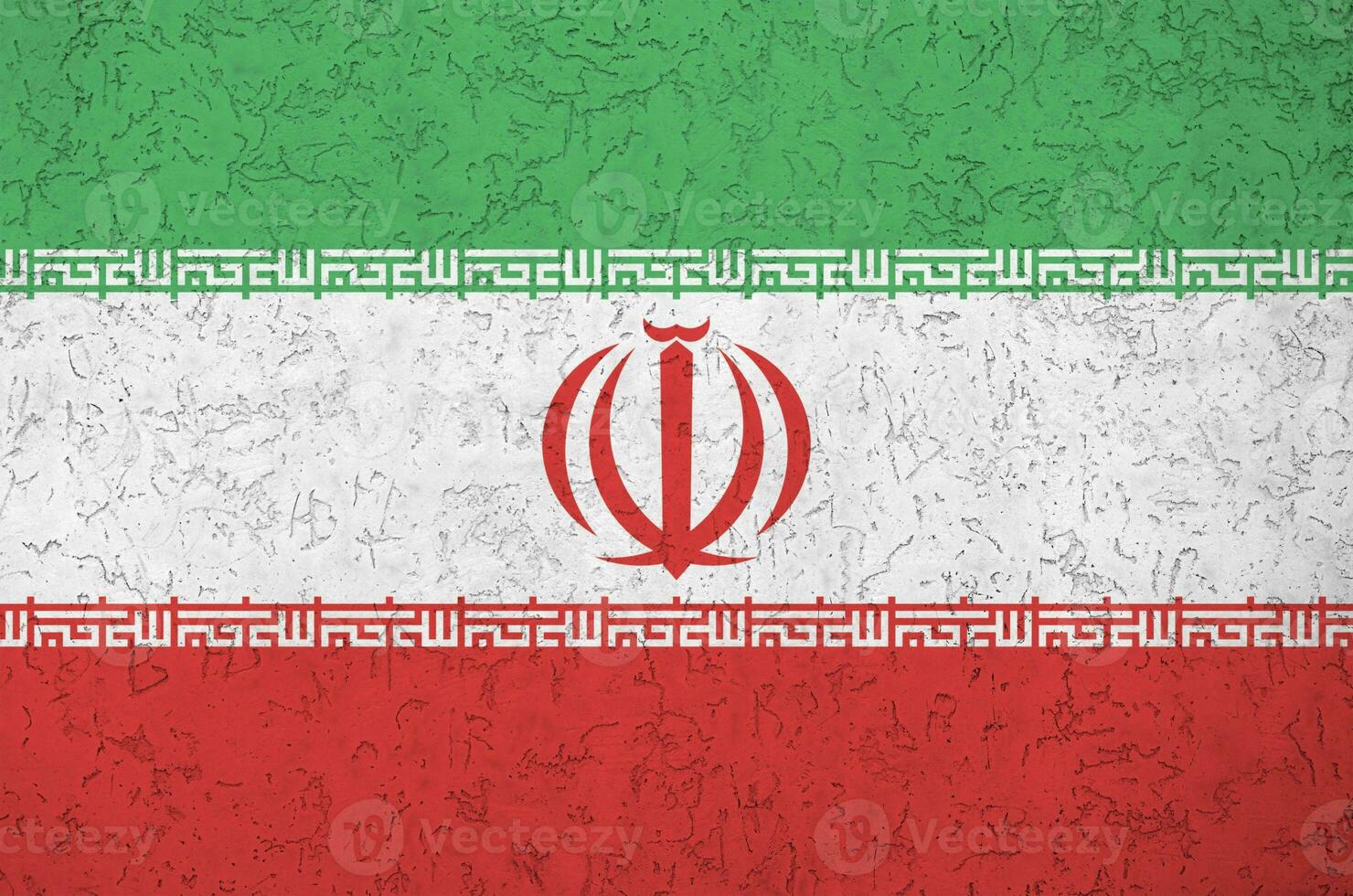 Iran flag depicted in bright paint colors on old relief plastering wall. Textured banner on rough background photo