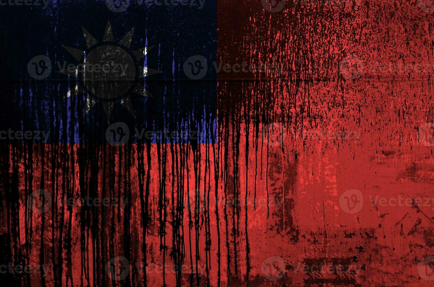 Taiwan flag depicted in paint colors on old and dirty oil barrel wall closeup. Textured banner on rough background photo
