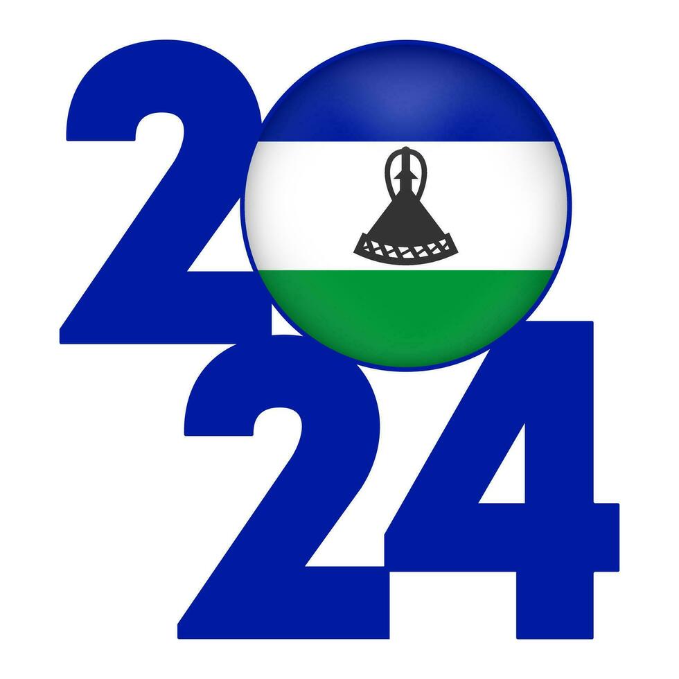 Happy New Year 2024 banner with Lesotho flag inside. Vector illustration.