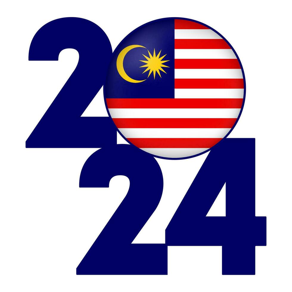 Happy New Year 2024 banner with Malaysia flag inside. Vector illustration.