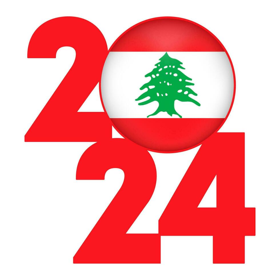Happy New Year 2024 banner with Lebanon flag inside. Vector illustration.