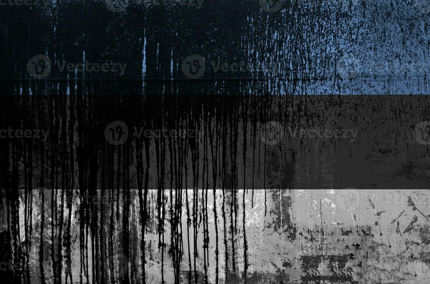 Estonia flag depicted in paint colors on old and dirty oil barrel wall closeup. Textured banner on rough background photo