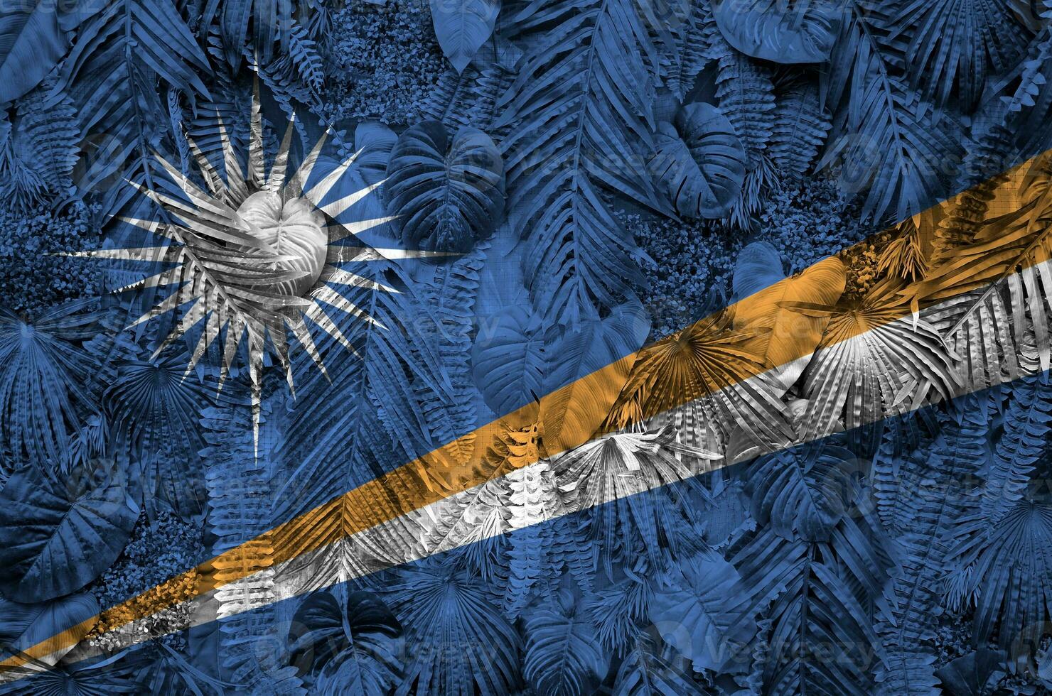 Marshall Islands flag depicted on many leafs of monstera palm trees. Trendy fashionable backdrop photo