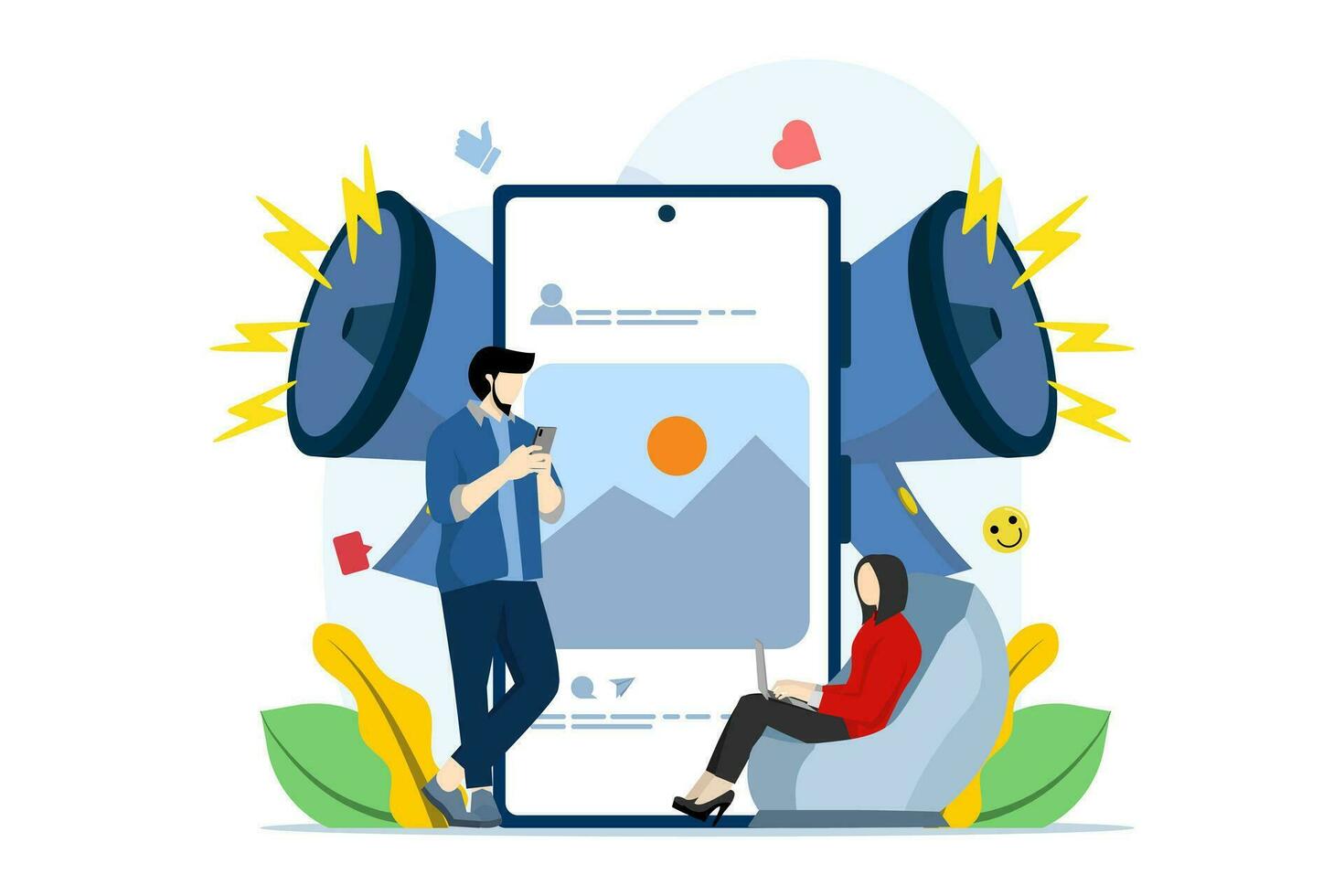 Digital social marketing concept. Mobile phone with social network interface. big megaphone. Search and attraction of target audience, new customers. Social network promotion. vector illustration.