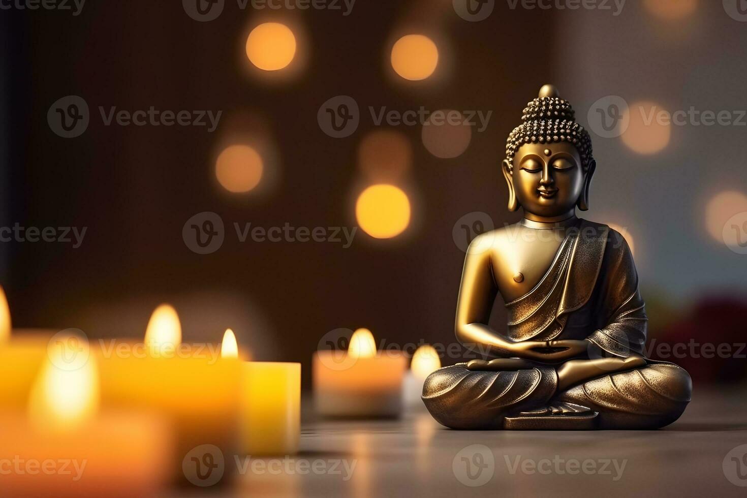 Meditation Buddha statue with candles and lotus. Neural network AI generated photo