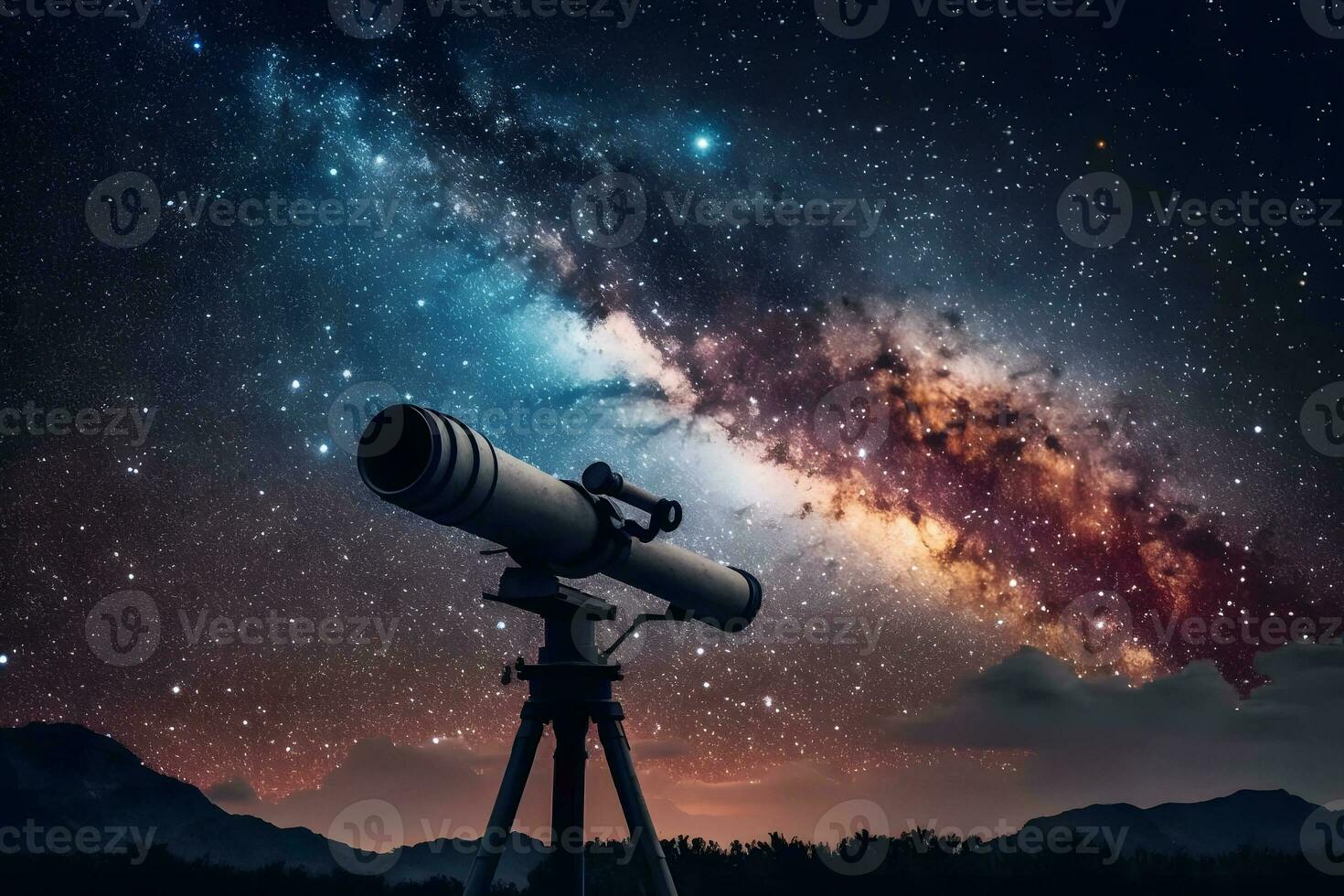 Infinite space background with silhouette of telescope. Neural network AI generated photo