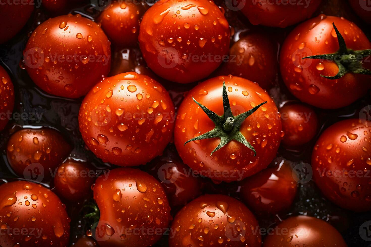 Many tomatoes with water drops, abstract background. Neural network AI generated photo