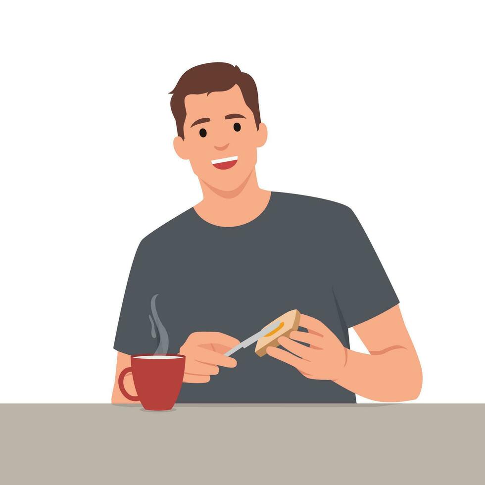 joven pensativo sonriente pensativo hombre chico personaje haciendo brindis extensión mantequilla en un pan a desayuno almuerzo cena a hogar cocina. vector