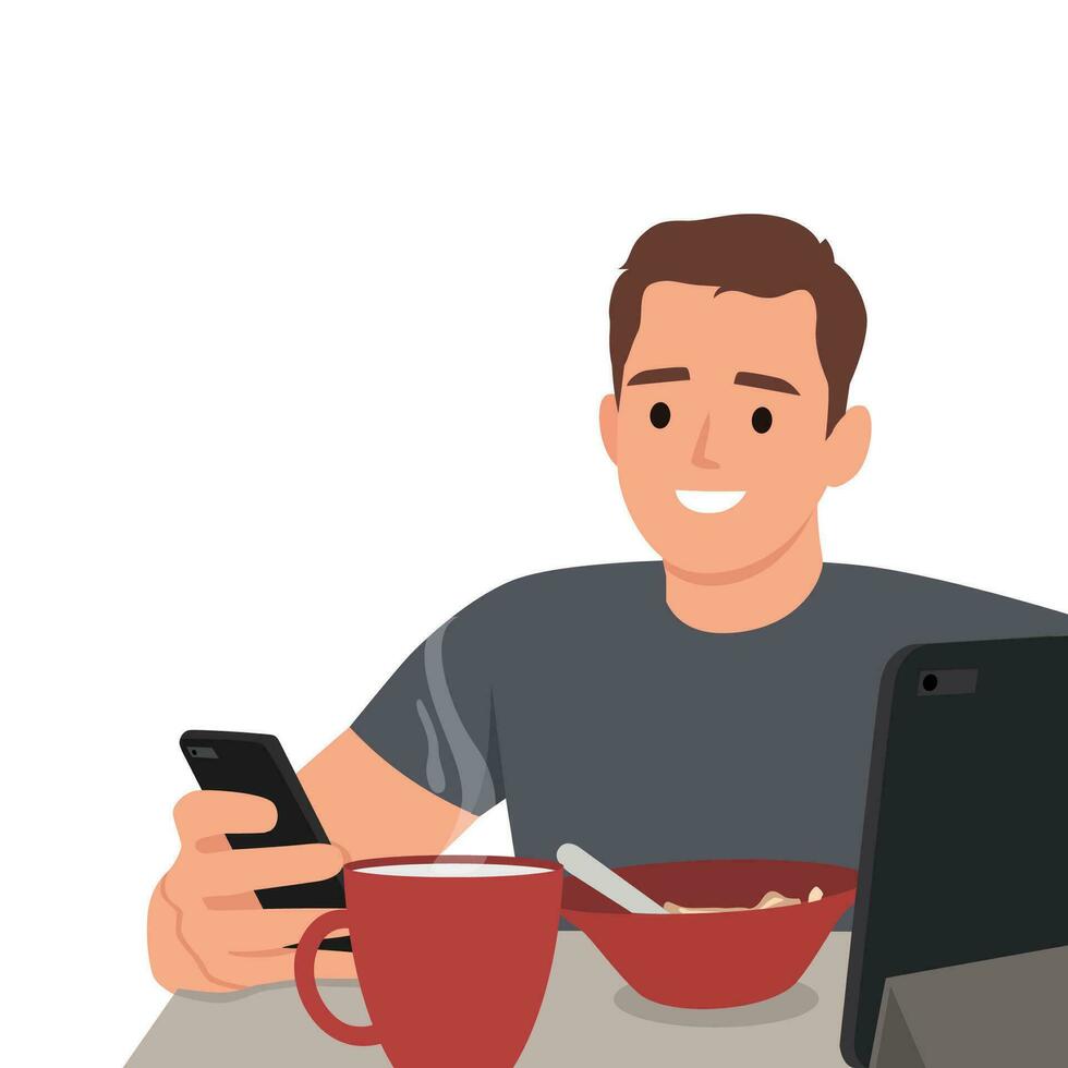 Man Eating Breakfast Whilst Checking Mobile Phone. vector