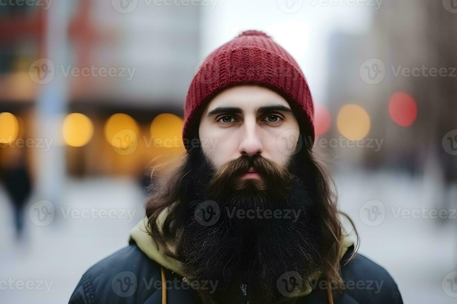 Street Portrait of an elderly man on a blurry background of a street and a crowd of people in a European city. Neural network AI generated photo