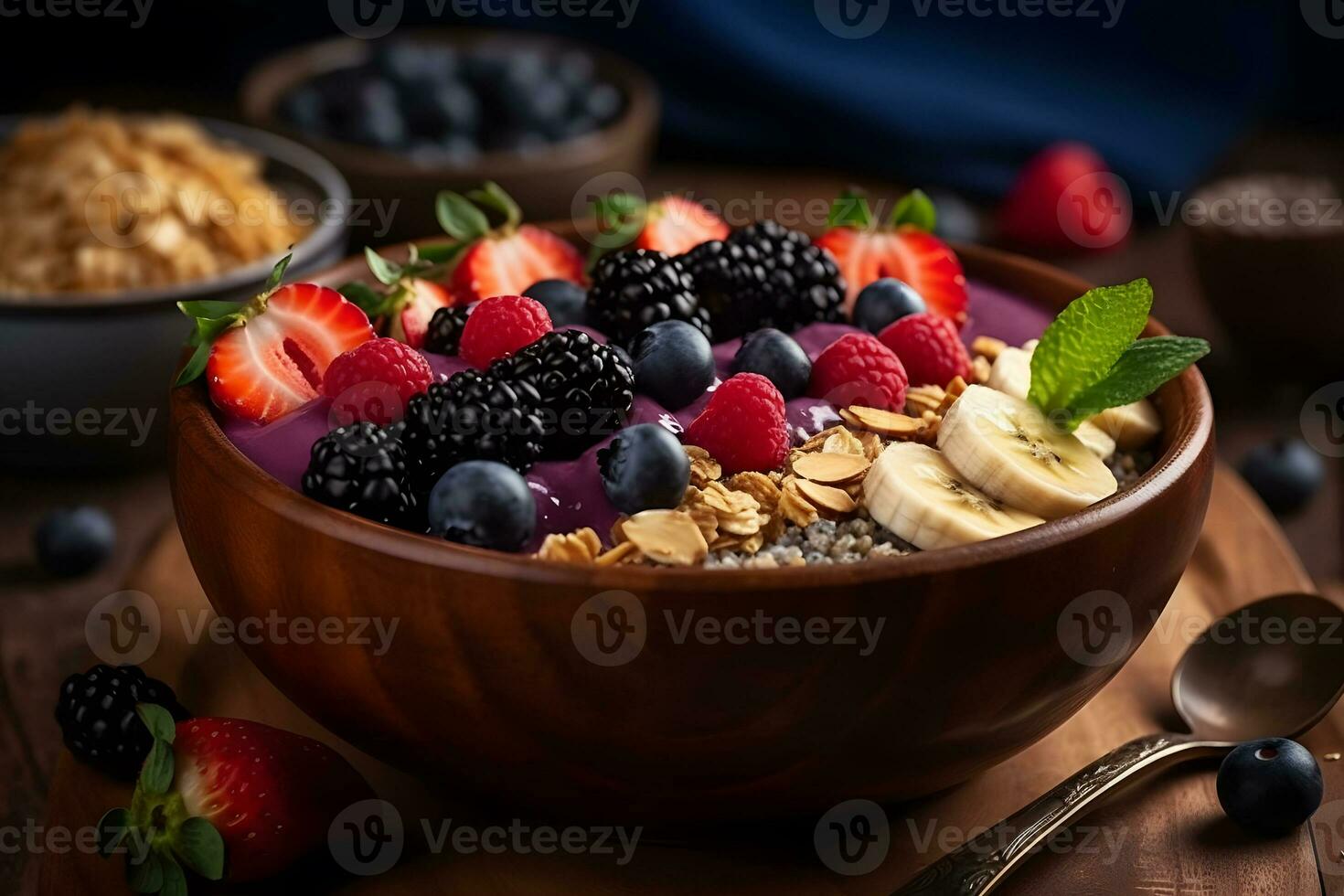 Healthy tasty breakfast. Oatmeal with berries and fruits. Neural network AI generated photo