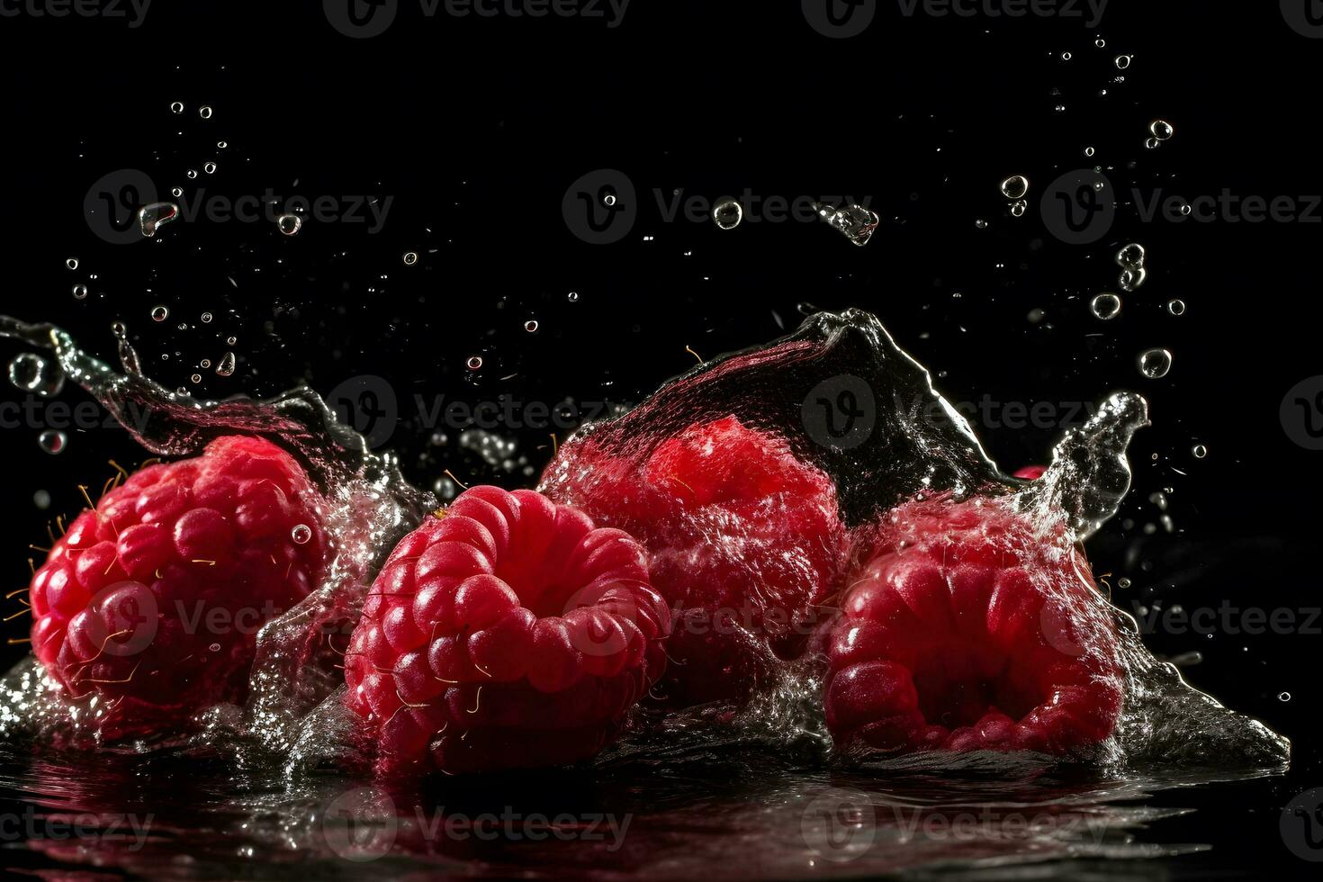 Raspberries and water splash on dark background. Neural network AI generated photo