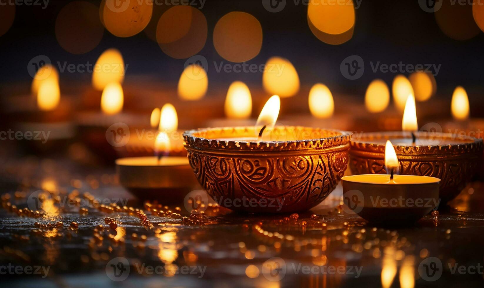 Diwali candle with a bokeh effect emanating from its golden flame, embodying the spirit of the Festival of Lights celebration. AI Generated photo