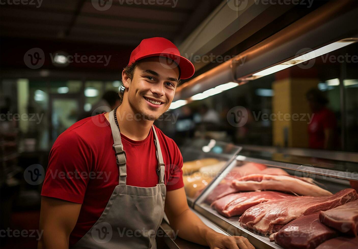 Carnicero comercio, un joven hombre soportes listo detrás el carne encimera, un emblema de Dedicación a su artesanía. ai generado foto