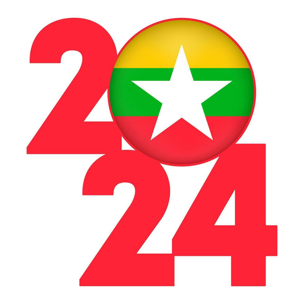 Happy New Year 2024 banner with Myanmar flag inside. Vector illustration.