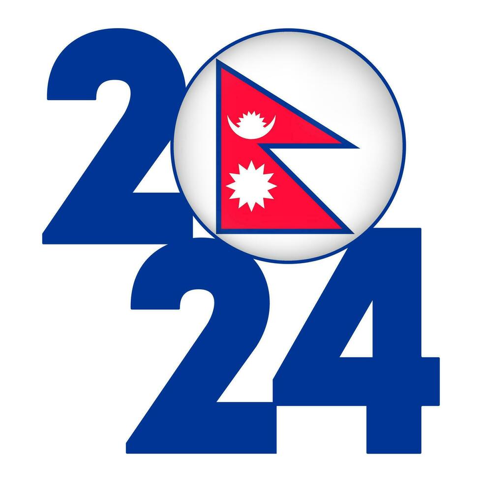 Happy New Year 2024 banner with Nepal flag inside. Vector illustration.
