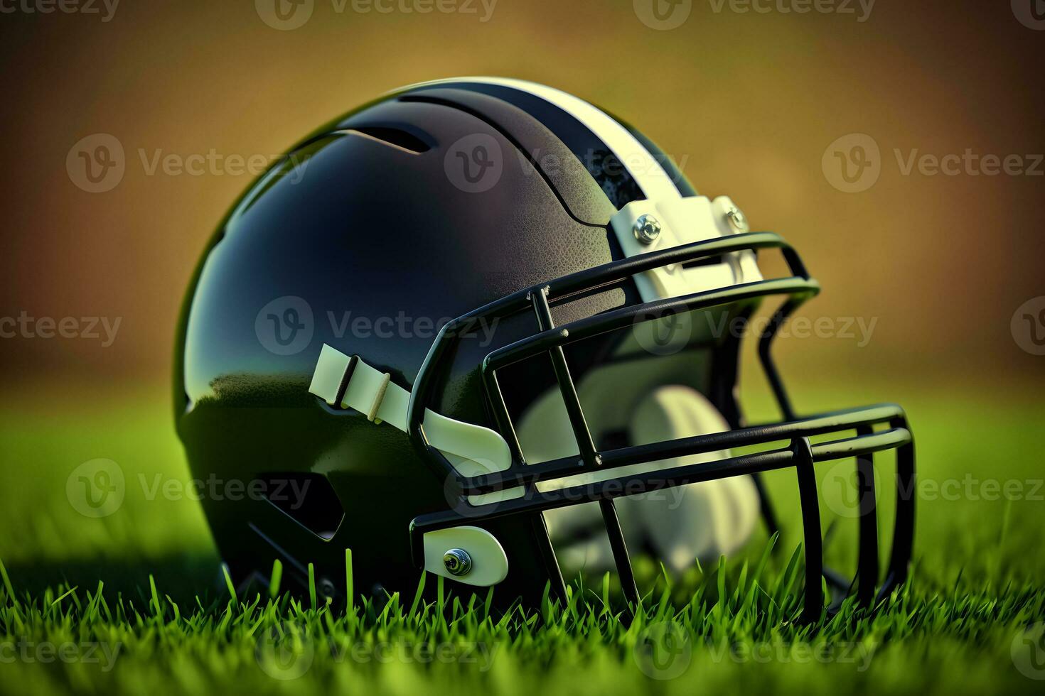 American football helmet on green grass. Neural network AI generated art photo