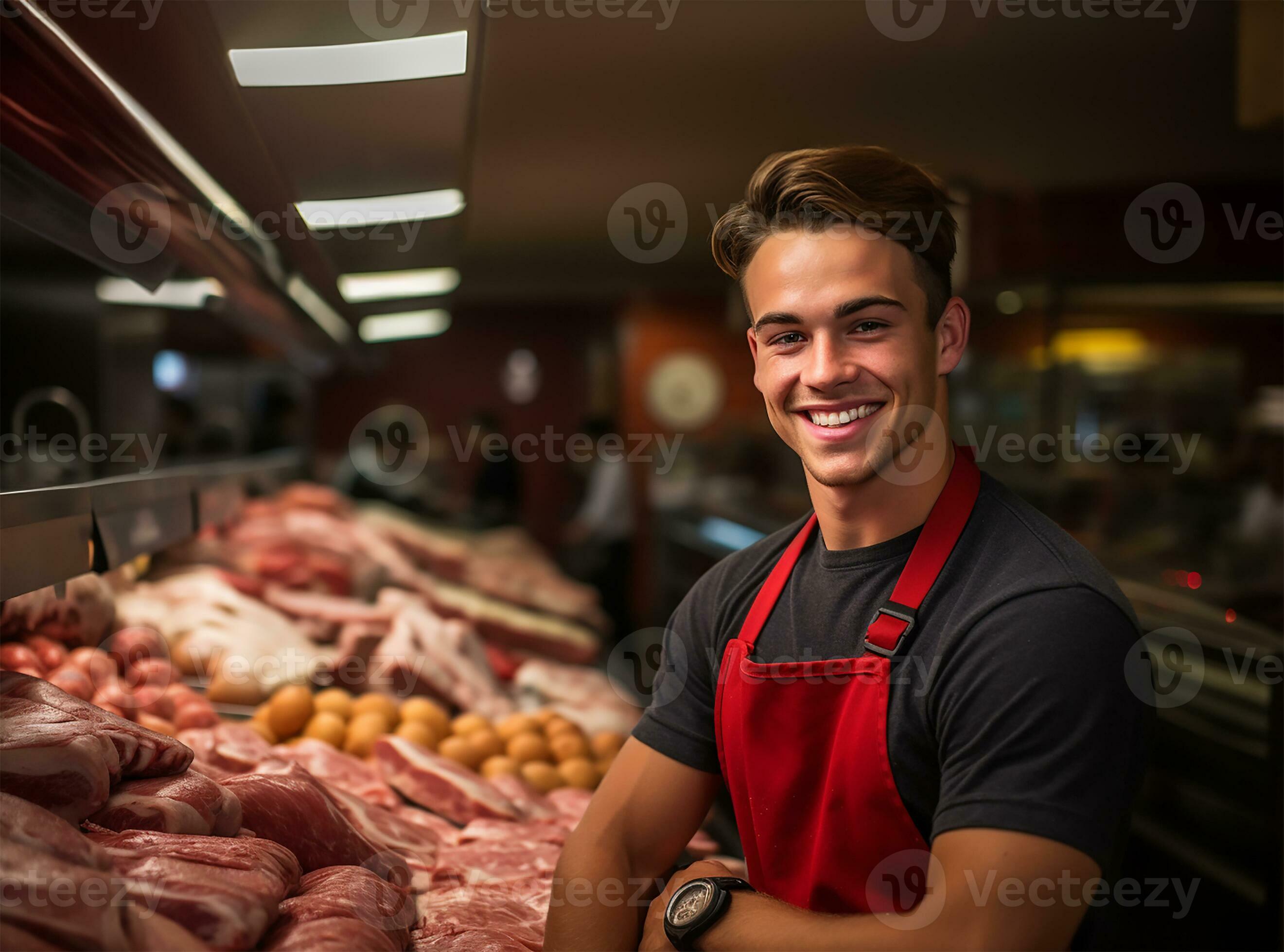 butcher shop, a young man stands poised behind the meat counter, an emblem of dedication to his