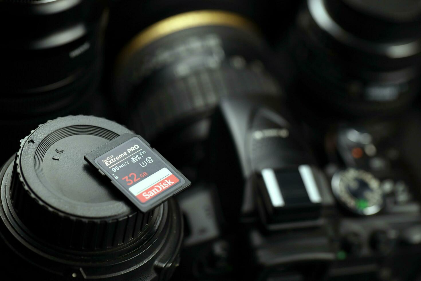KHARKOV, UKRAINE - JANUARY 12, 2021 SanDisk Extreme pro sdhc 32gb new memory card for photo and video recording devices