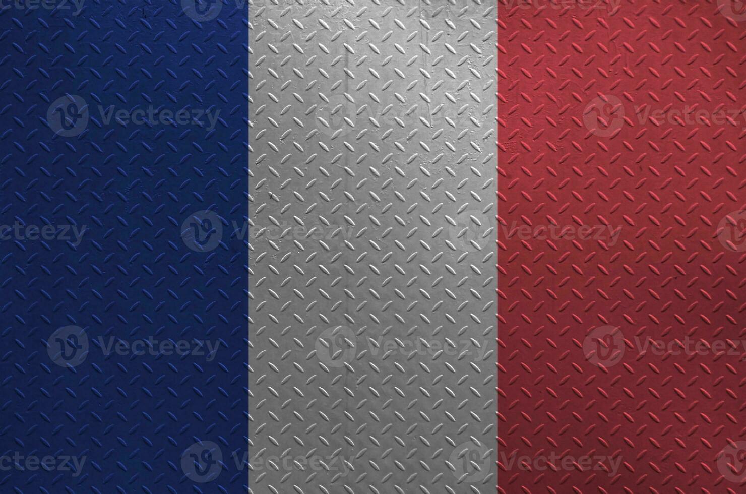 France flag depicted in paint colors on old brushed metal plate or wall closeup. Textured banner on rough background photo