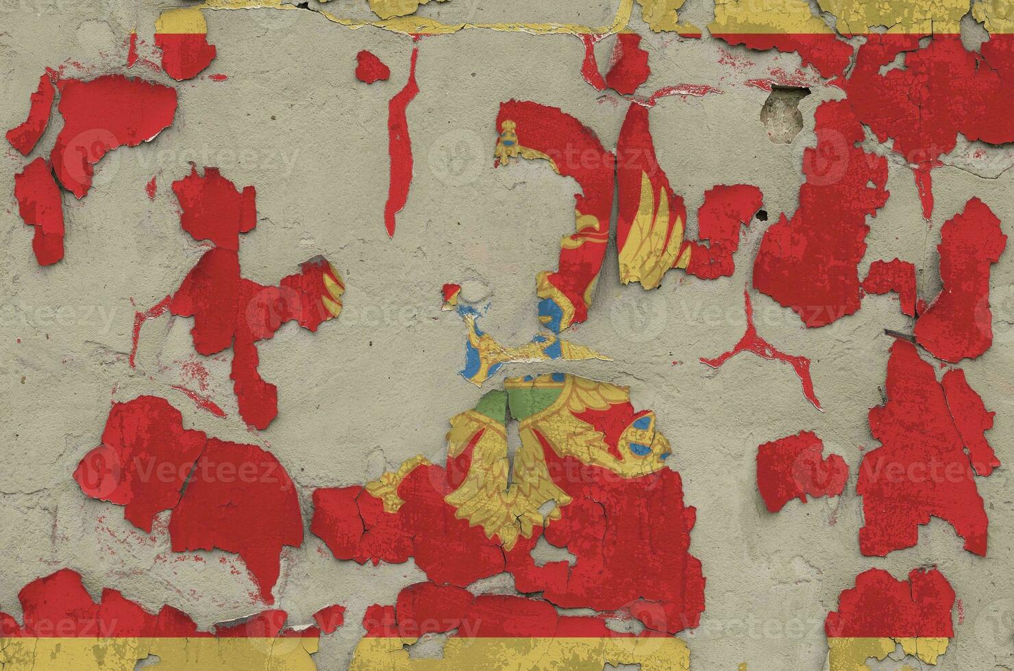 Montenegro flag depicted in paint colors on old obsolete messy concrete wall closeup. Textured banner on rough background photo