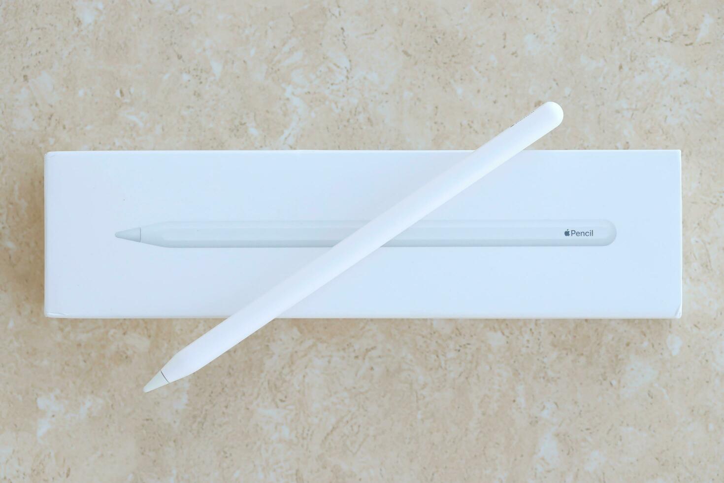 KYIV, UKRAINE - 4 MAY, 2023 New Apple pencil generation 2. Features a flat edge that attaches magnetically for automatic charging and pairing photo