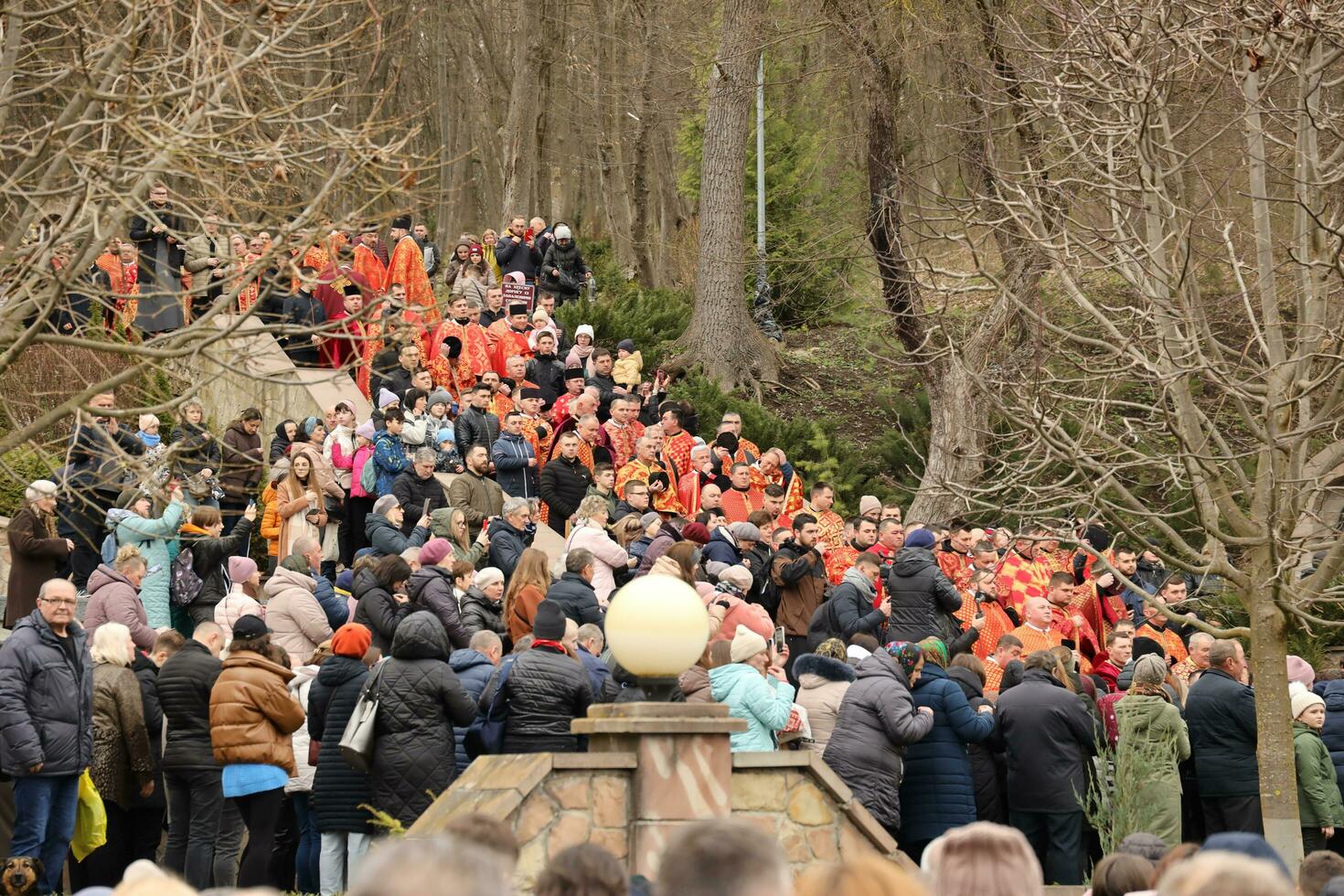 TERNOPIL, UKRAINE - APRIL 2, 2023 Many people during mission in complex of Ukrainian Jerusalem in the Mari spiritual center of Zarvanytsia In the Terebovlya district of the Ternopil photo